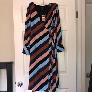 Long sleeve striped wrap dress. Medium Petite.